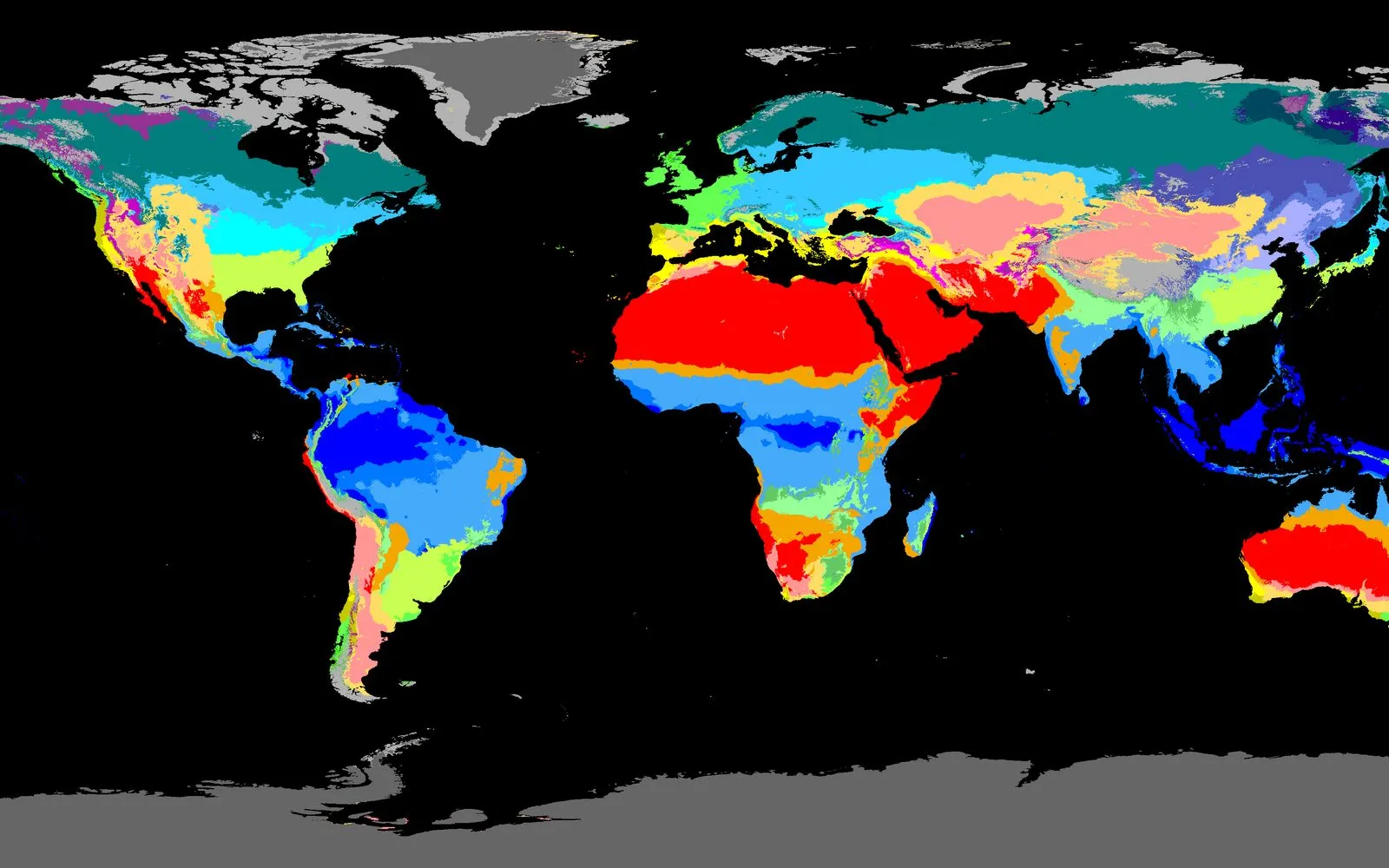A world map with every land area shaded by its Koppen-Geiger climate type, a red arid band running across the Sahara, Arabia and central Australia, blue wet tropics along the equator, and green and teal temperate and boreal zones towards the poles