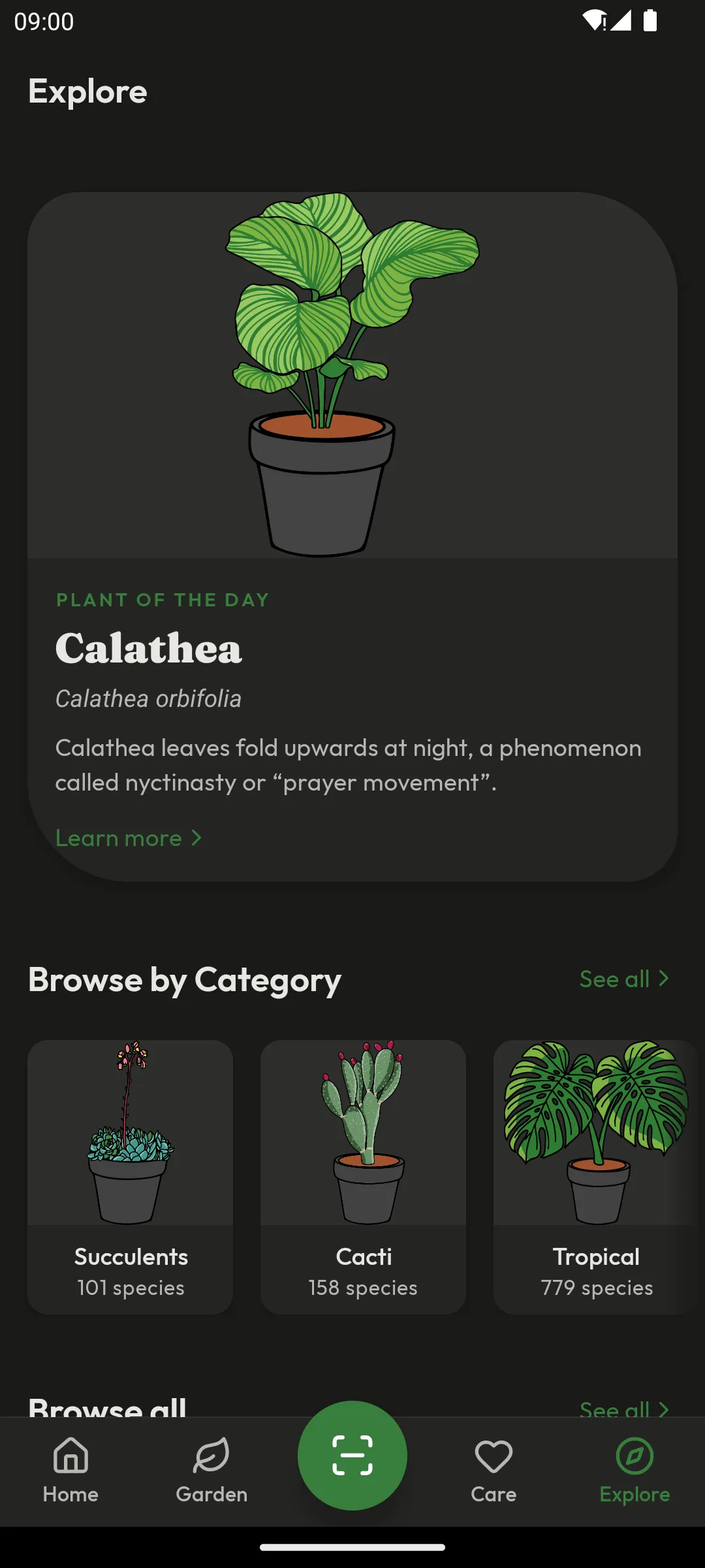 Explore screen with a Plant of the Day feature and plant categories to browse, including succulents, cacti, and tropical plants