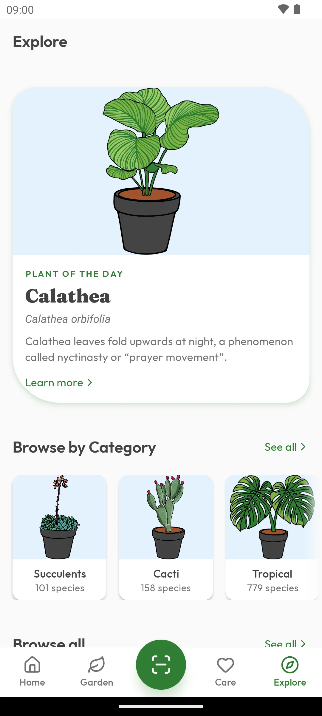 Explore screen with a Plant of the Day feature and plant categories to browse, including succulents, cacti, and tropical plants