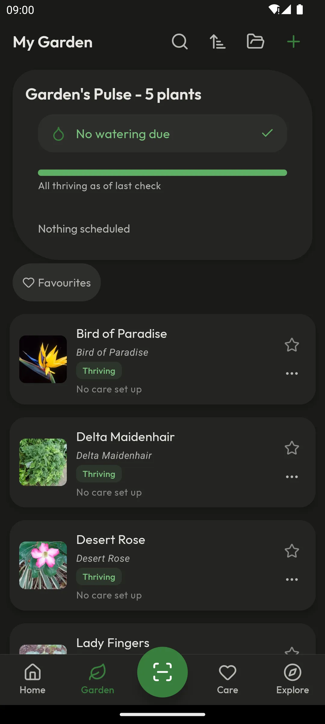 My Garden screen showing the Garden's Pulse summary and a list of saved plants marked Thriving