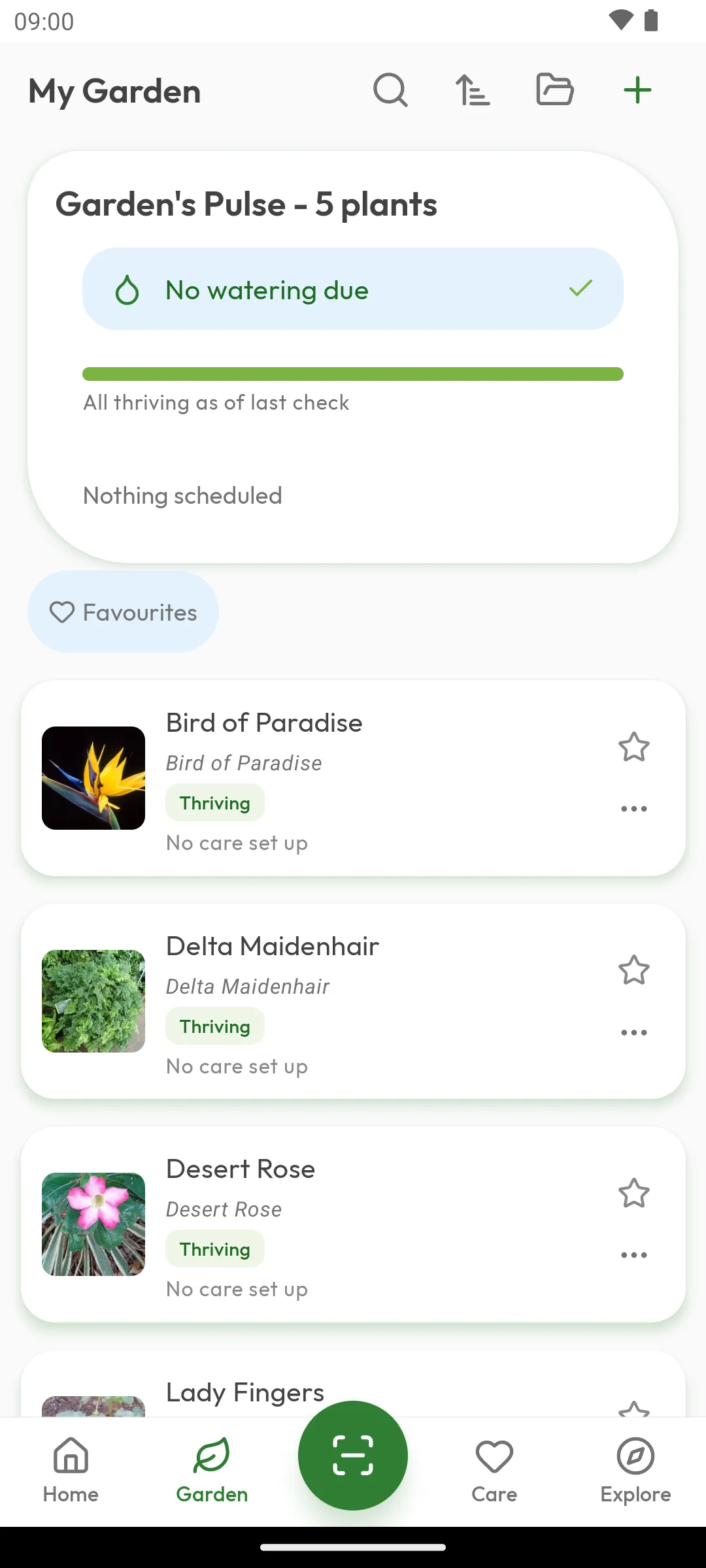 My Garden screen showing the Garden's Pulse summary and a list of saved plants marked Thriving