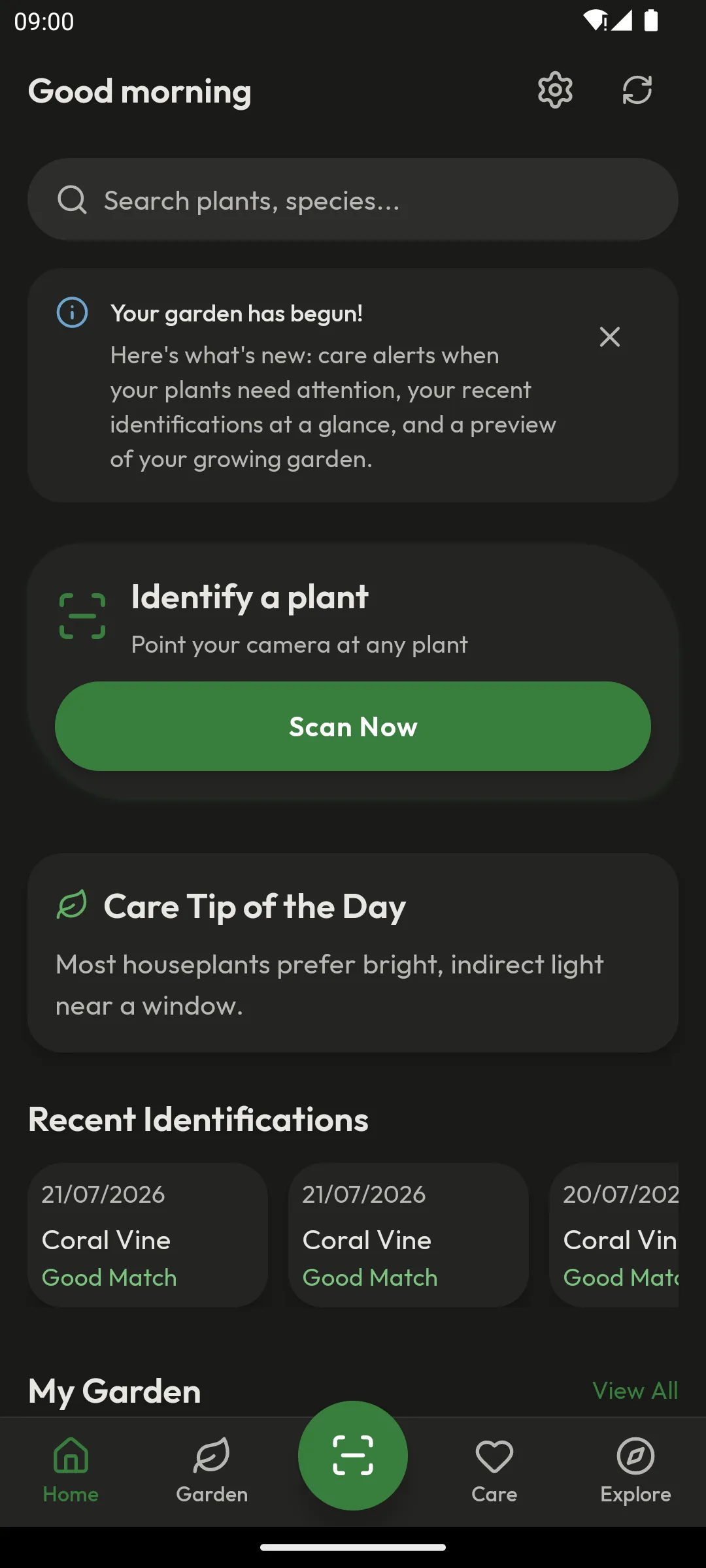 Home screen with a Scan Now button, a care tip of the day, and recent identifications