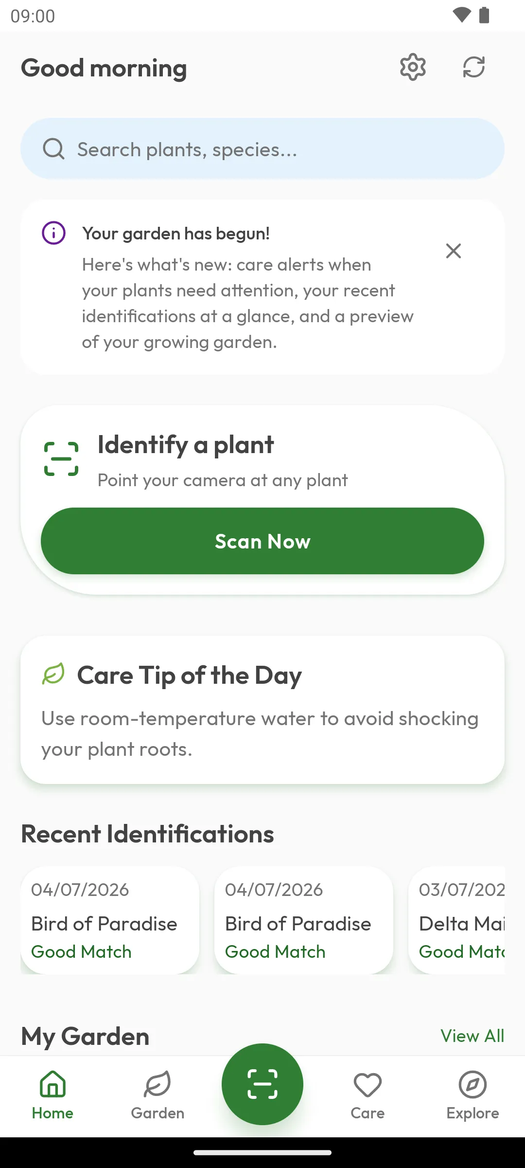 Home screen with a Scan Now button, a care tip of the day, and recent identifications