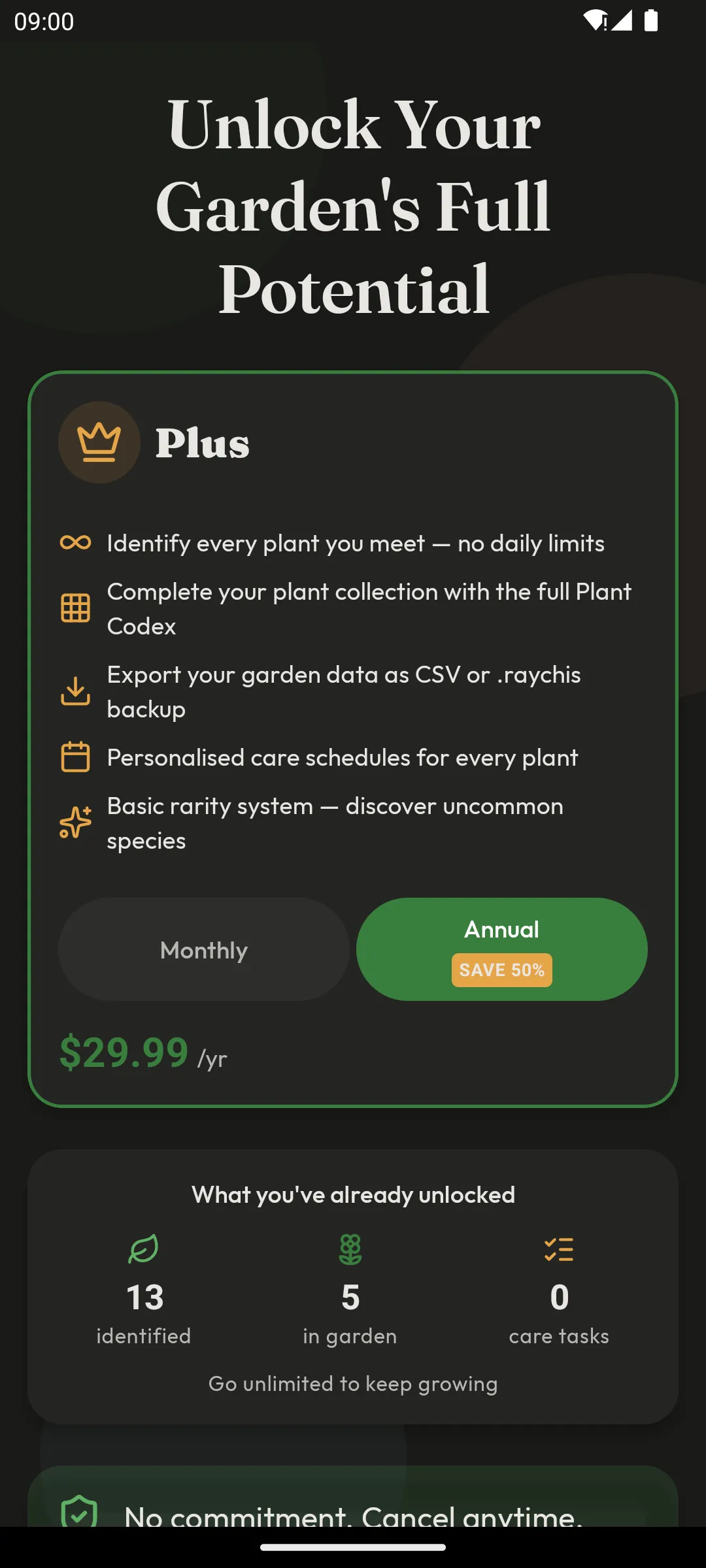 Raychis Plus upgrade screen with annual billing selected, priced at 29.99 dollars a year and badged as saving 50 percent