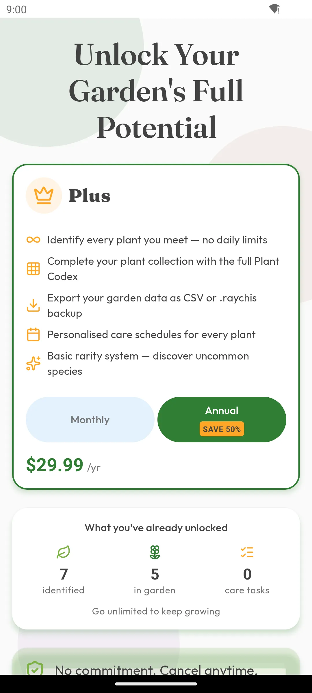 Raychis Plus upgrade screen with annual billing selected, priced at 29.99 dollars a year and badged as saving 50 percent