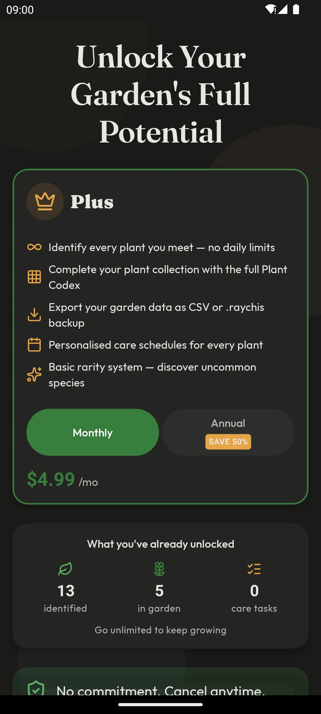 Raychis Plus upgrade screen with monthly billing selected, priced at 4.99 dollars a month, listing unlimited identification, the full Plant Codex, garden export, and personalised care schedules
