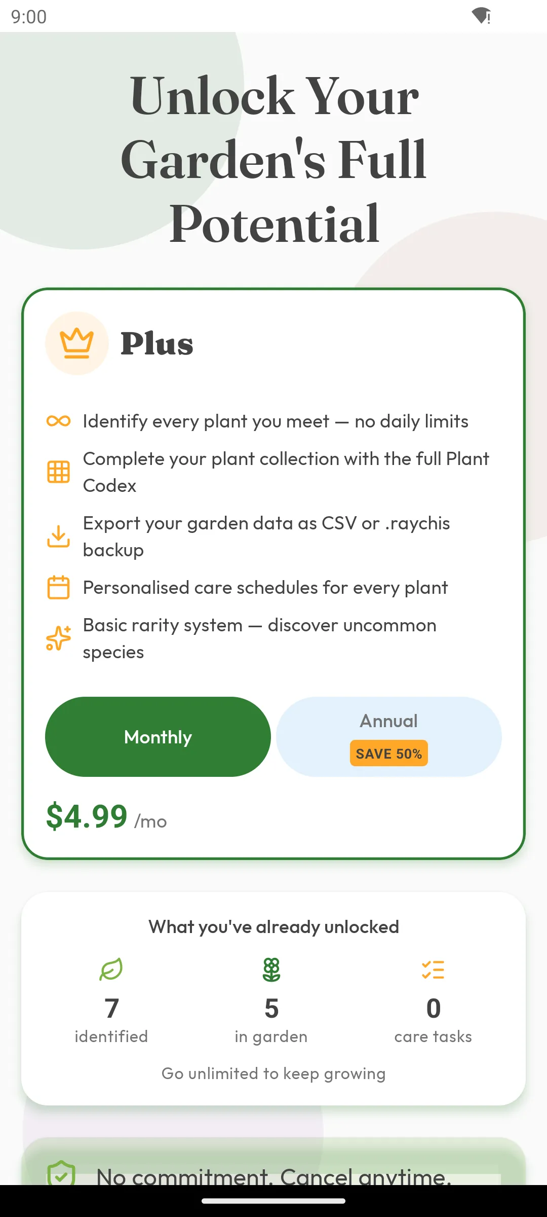 Raychis Plus upgrade screen with monthly billing selected, priced at 4.99 dollars a month, listing unlimited identification, the full Plant Codex, garden export, and personalised care schedules