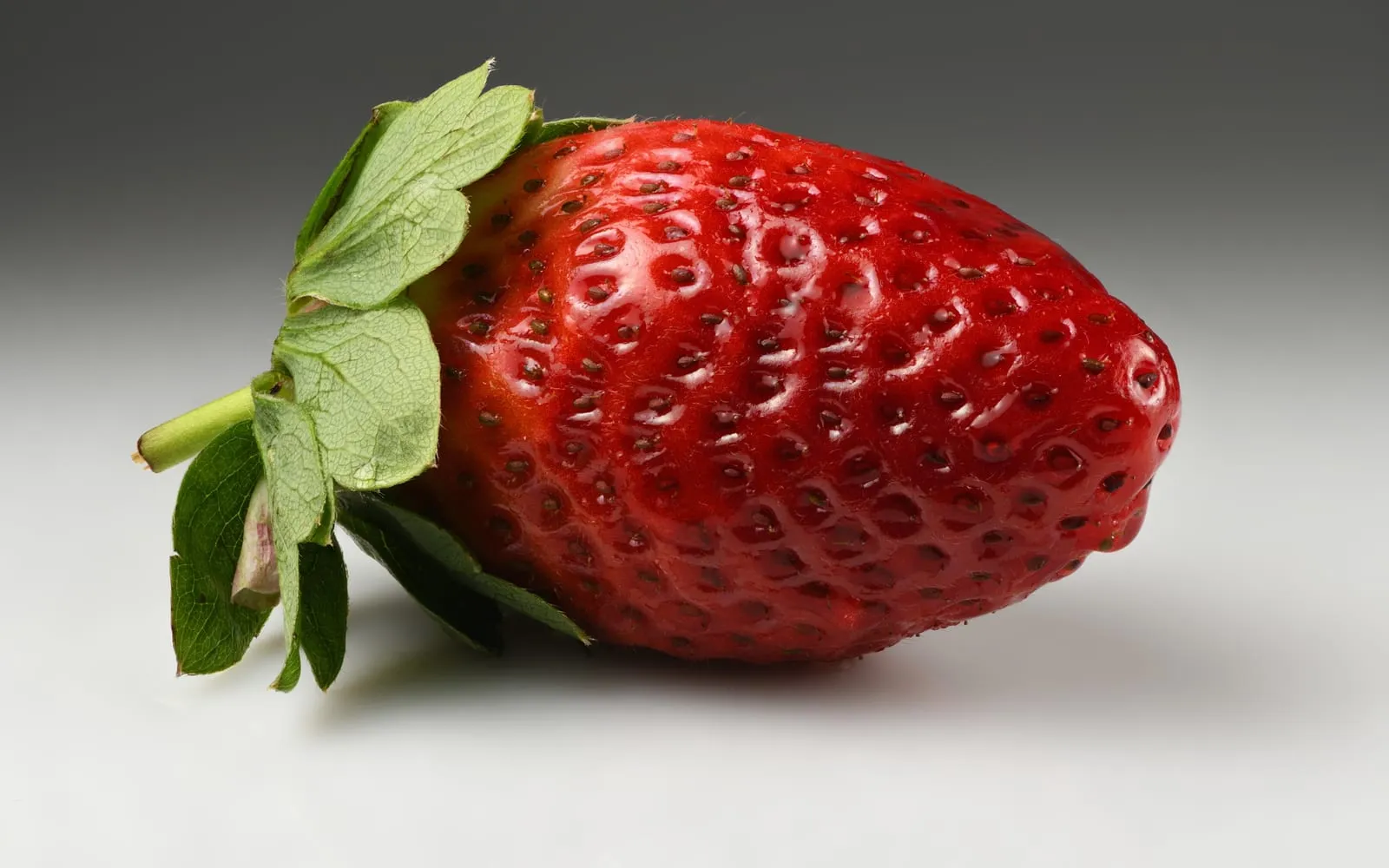 A ripe red garden strawberry with its green calyx still attached