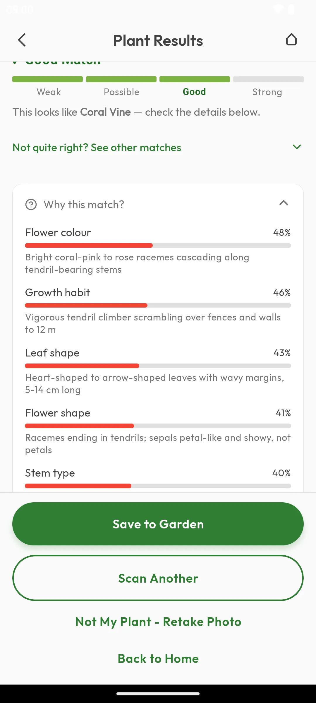 Why this match panel listing flower colour, growth habit, and leaf shape with per-feature match scores
